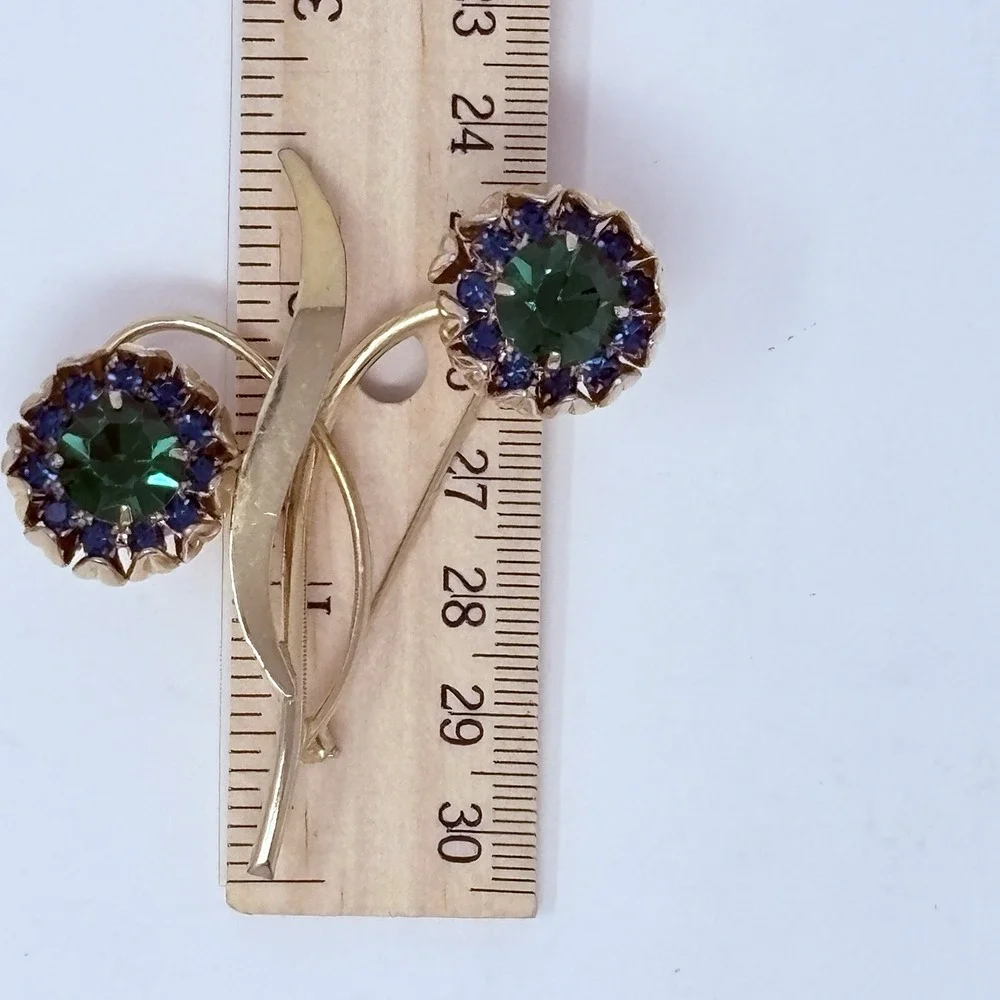 Vintage Green And Blue Rhinestone Goldtone Flower Brooch 2-1/2